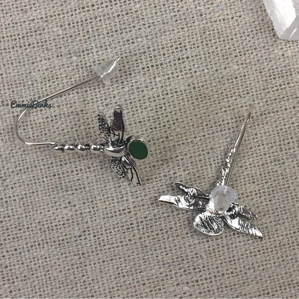 ✨3/$38  New Antique Silver & Green Dragonfly Drop Dangle Earrings - Free People - Picture 7 of 10